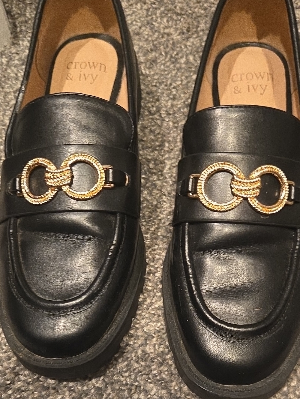 crown & ivy Black Leather Loafers with Gold Chain Accent